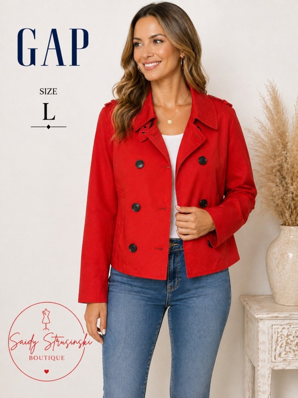 GAP Red Cropped Trench Jacket Size L Double Breasted Cotton casual